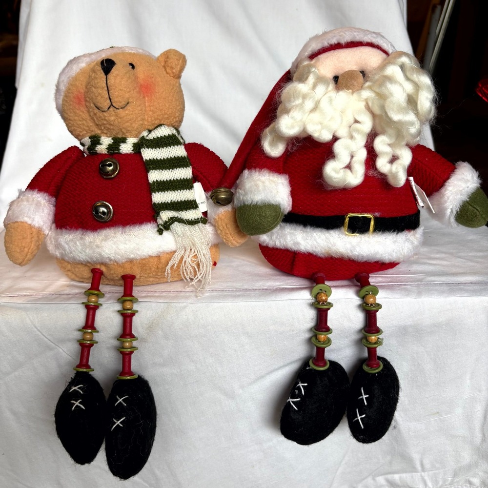 Santa & Bear Plush Shelf‎ Sitters Dangly Leg Christmas Decor Figures 7 Inch Set
